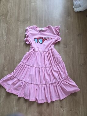 Moschino Pink Ruffle Sleeve Tiered Girls' Dress with Sunglasses Graphic